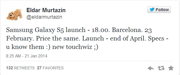 Eldar Murtazin Samsung Galaxy S5 tweet
