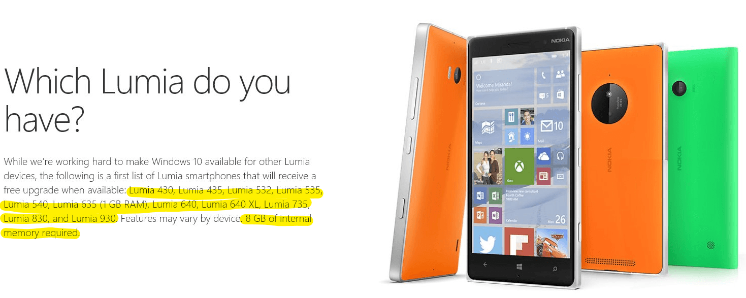 První vlna telefonů, které obdrží Windows 10. Oficiální stanovisko také potvrzuje, že zařízení s 8GB pamětí a vyšší dostanou upgrade.