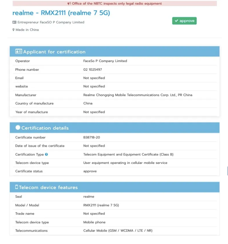 Certifikace telefonu Realme 7 5G objevena na NBTC