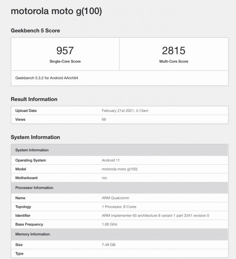 Moto G100 v benchmarku Geekbench