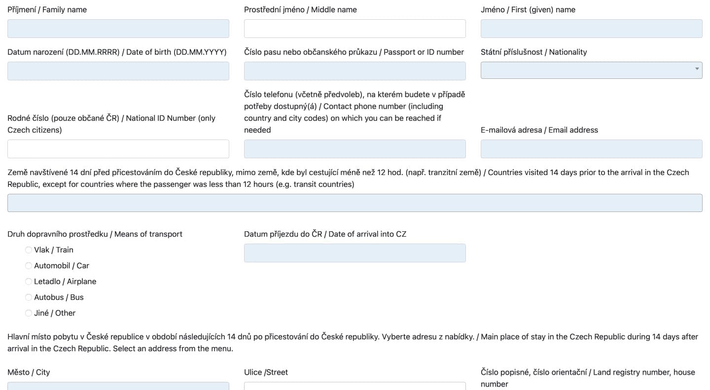 Příjezdový formulář MZČR