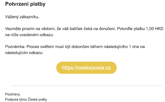 Příklad podvodného emailu od "České pošty"