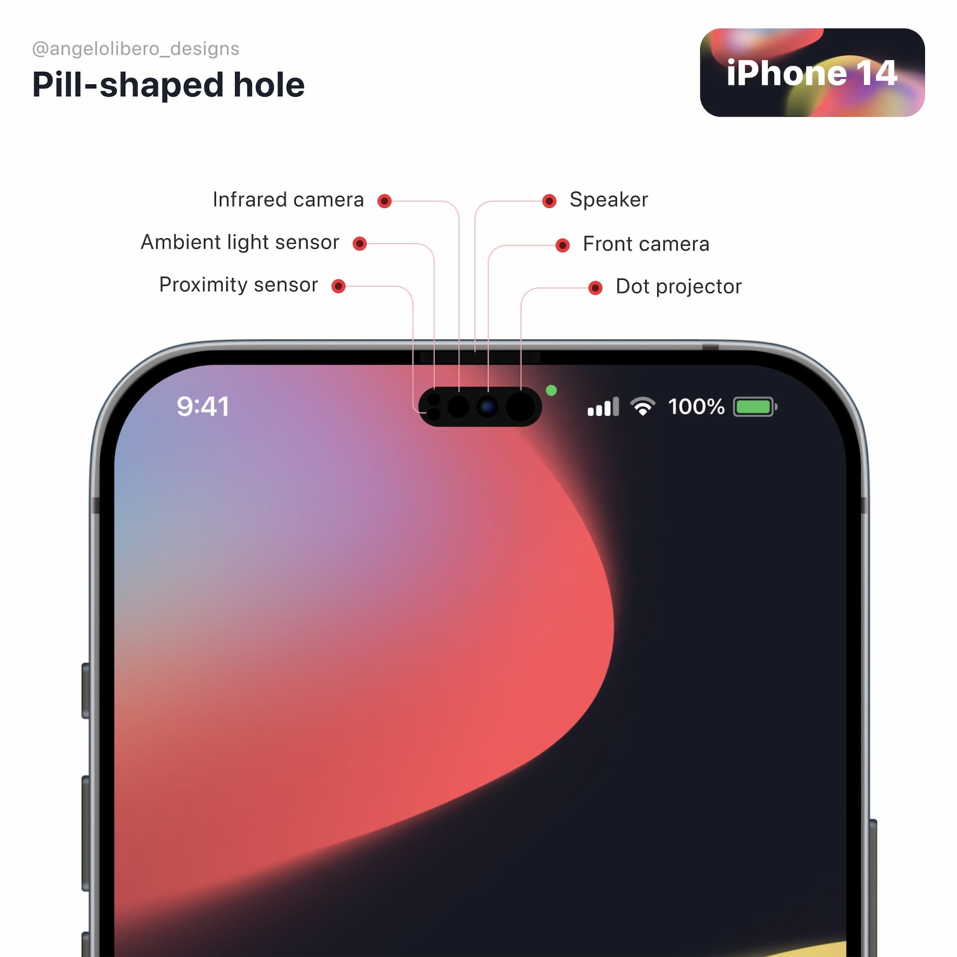 iPhone 14 s průstřelem, koncept