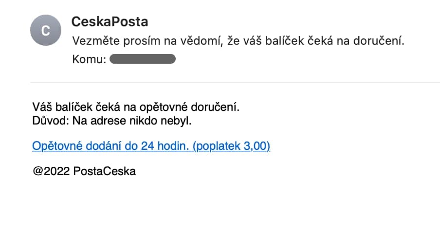 Česká pošta a jeden z podvodných emailů