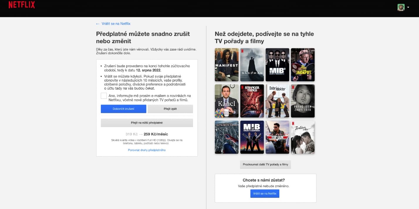 Takto vypadá stránka pro zrušení předplatného na Netflixu