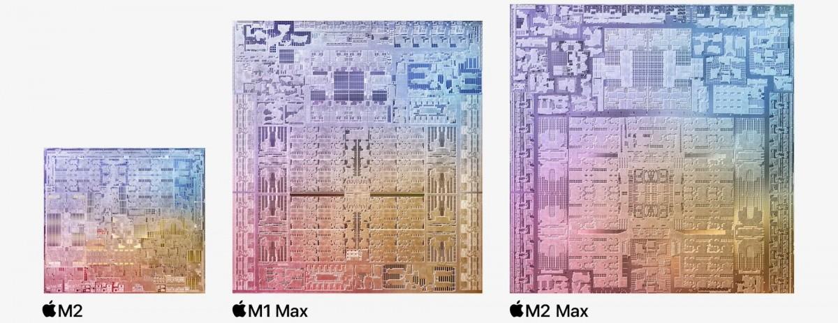 Porovnání velikosti procesorů M2, M1 Max a M2 Max