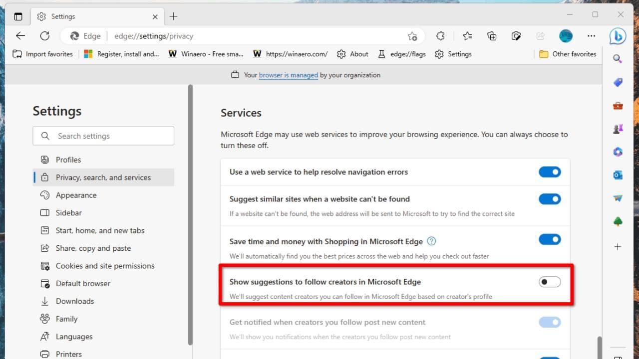 Microsoft Edge, nastavení