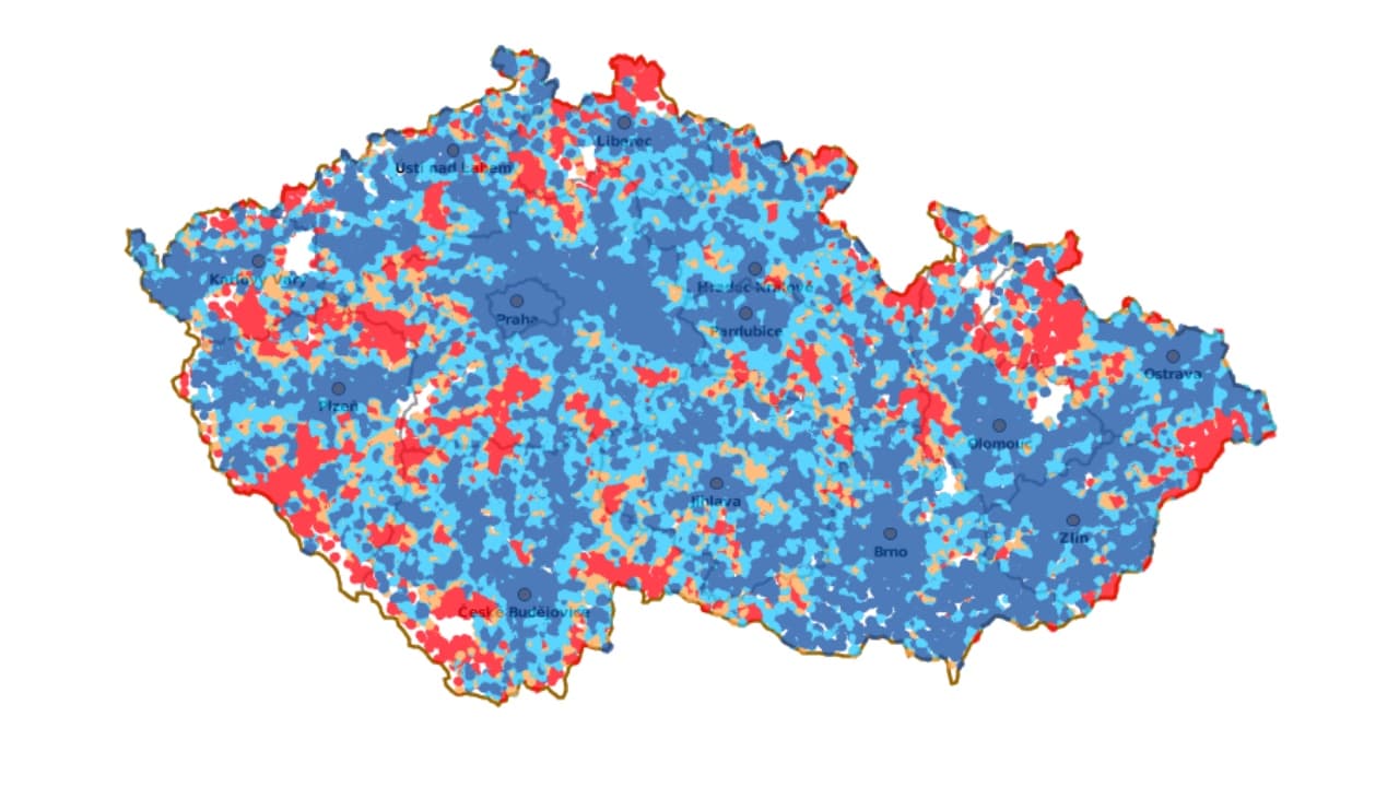 Mapa pokrytí 5G v ČR (Vodafone)