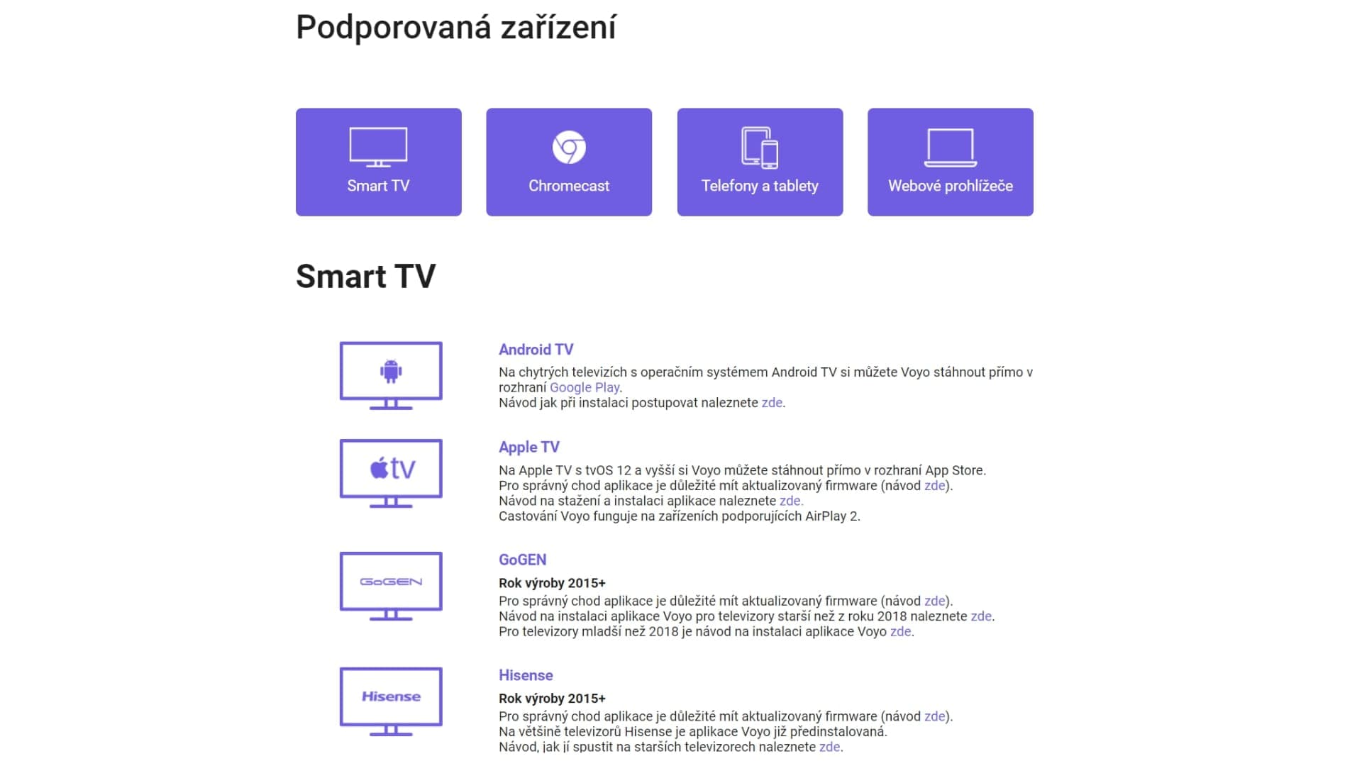 Voyo podporované zařízení 