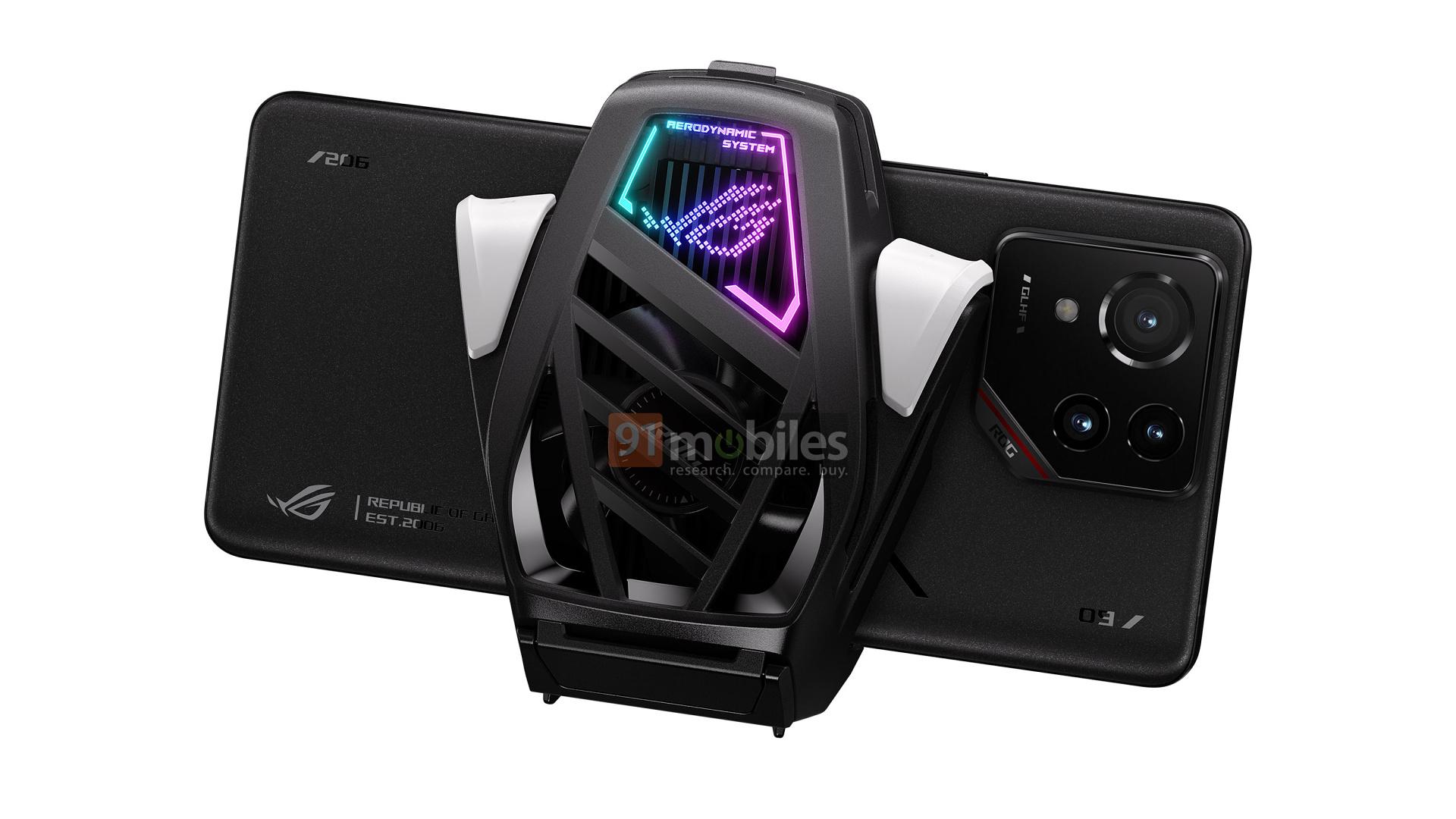 Asus ROG Phone 9 Pro s připojeným chladičem AeroActive Cooler X