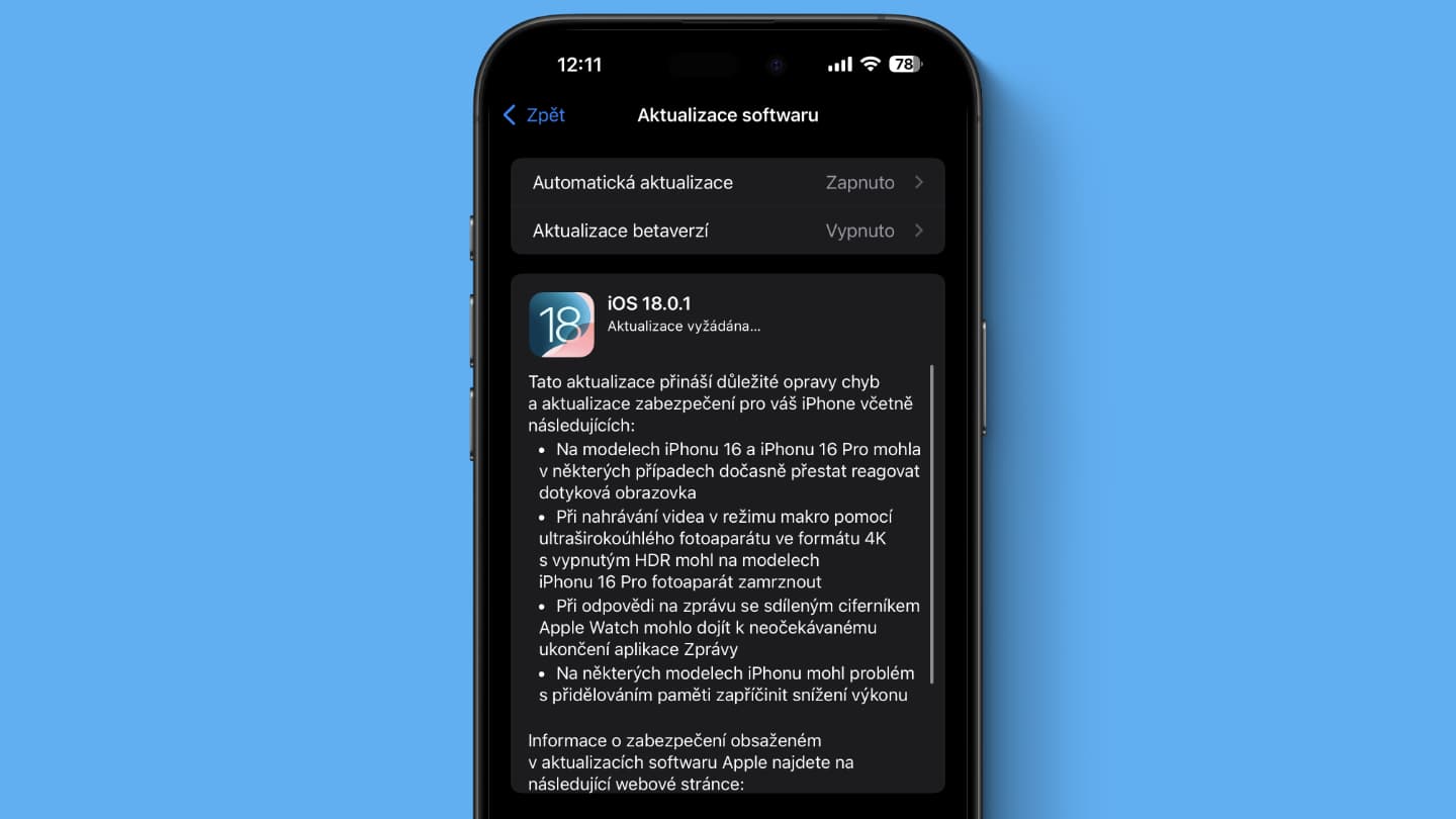 Na iPhony přichází iOS 18.0.1. Aktualizaci by měl stahovat každý