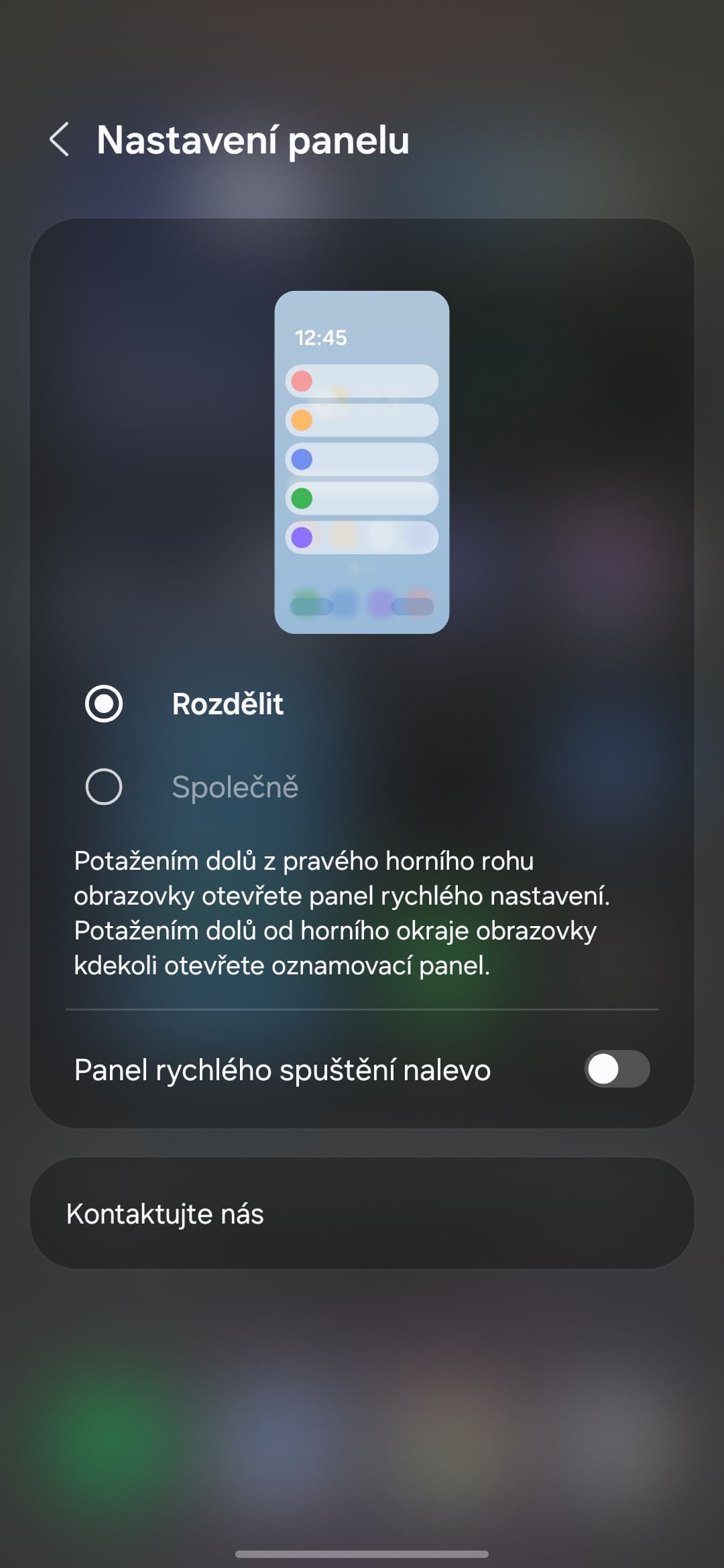 Nastavení panelu