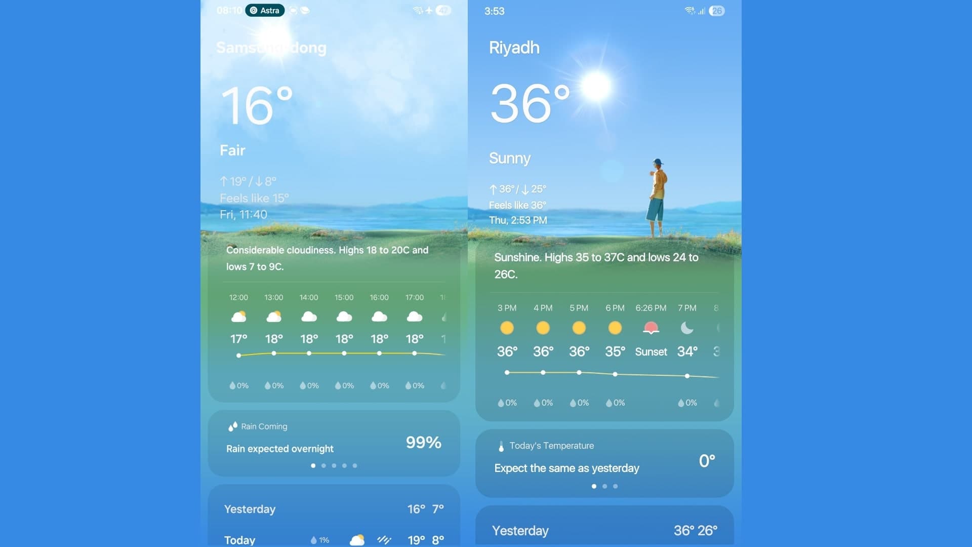 Aplikace Počasí (vlevo One UI 7, vpravo One UI 8) | foto: X - choehau_alen