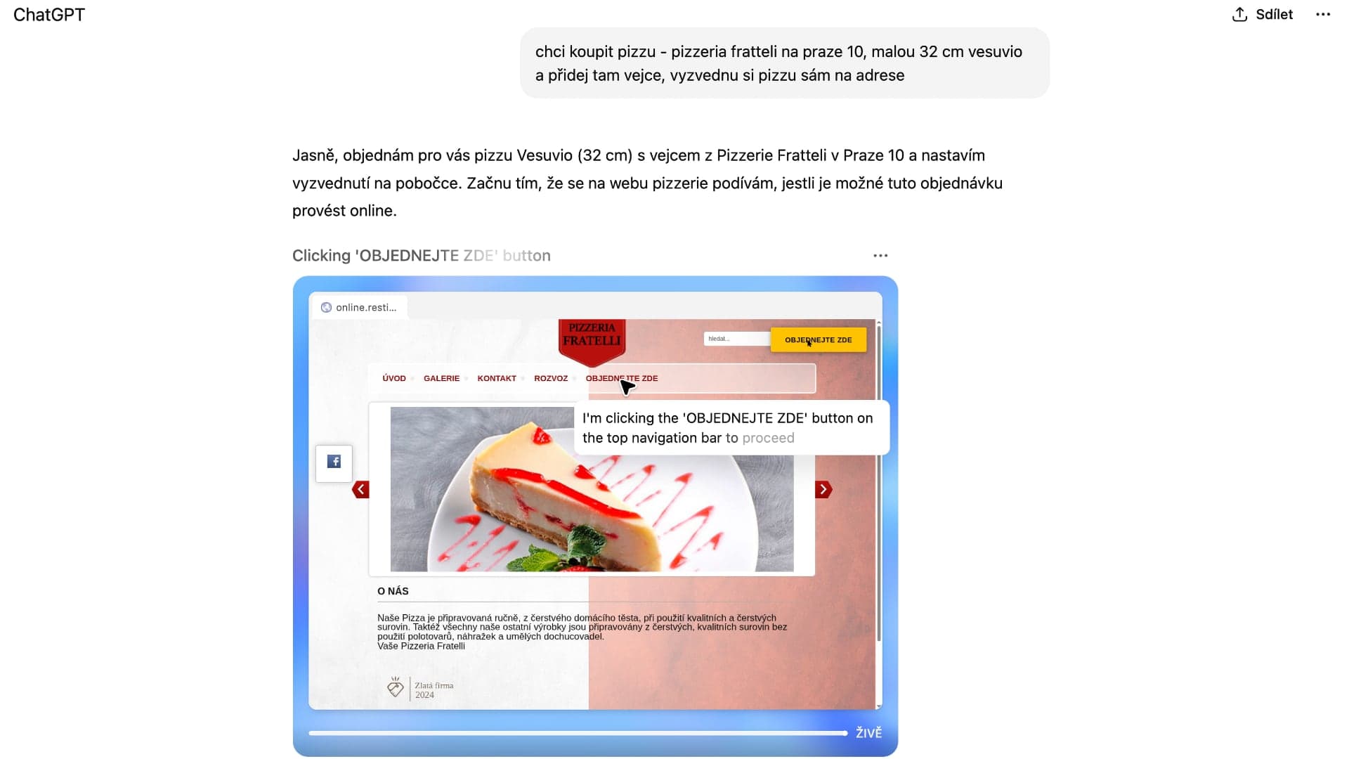 Objednání pizzy přes ChatGPT Zástupce | foto: Luboš Srb