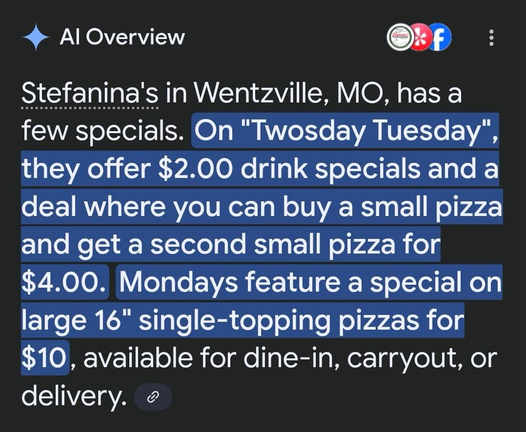 Neexistující nabídka a akce Stefanina's Wentzville v rámci Google AI Overview | foto: Scott Mueller / Facebook