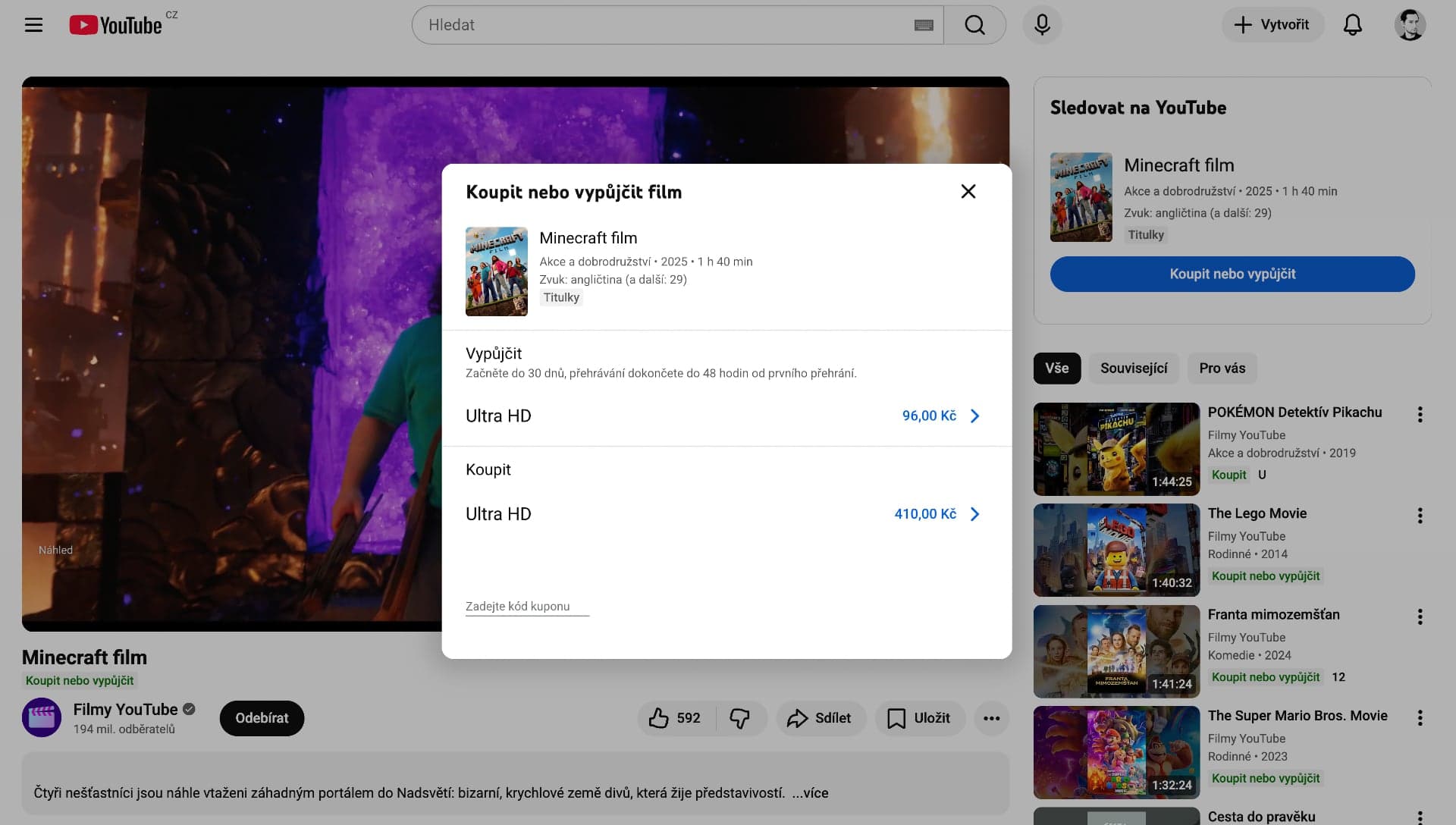 Minecraft film na YouTube k vypůjčení či zakoupení | Zdroj: YouTube