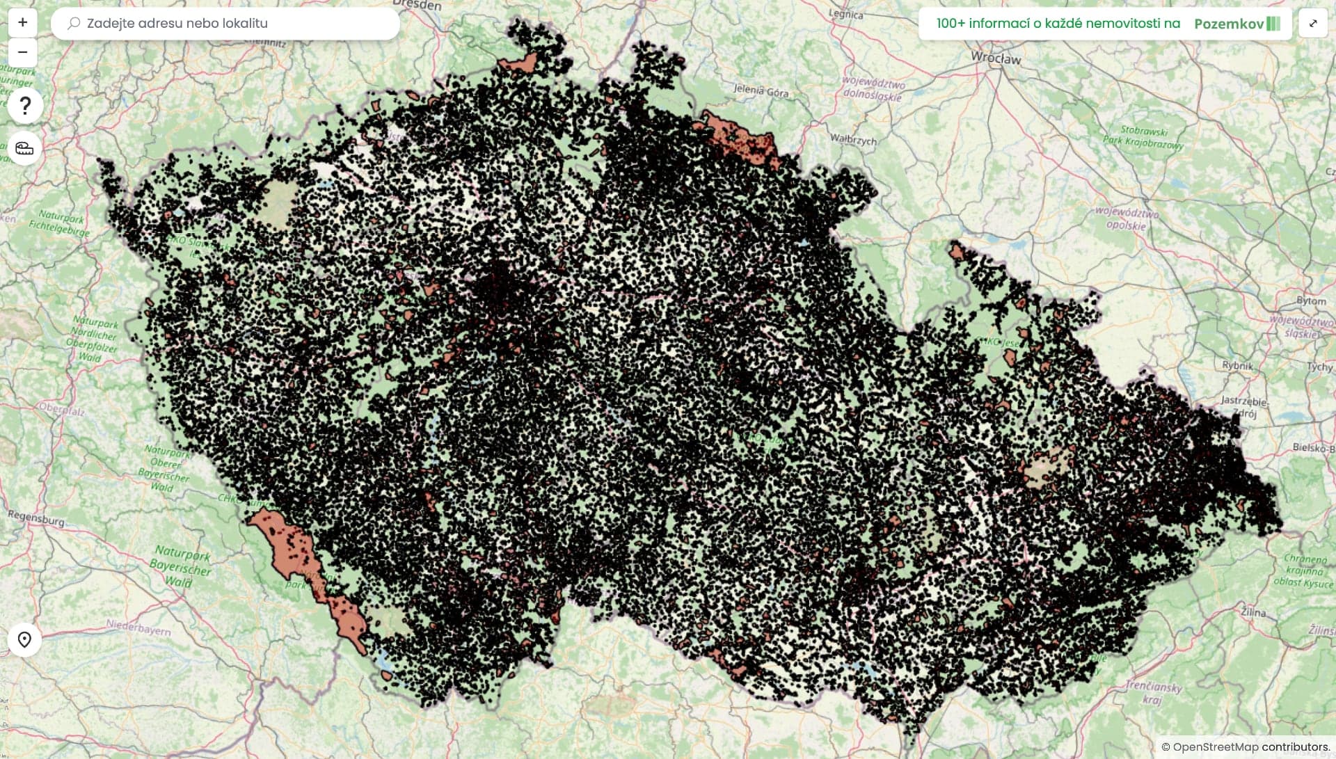 Zákaz ohňostrojů na mapě | Zdroj: ohnostroje.pozemkov.cz