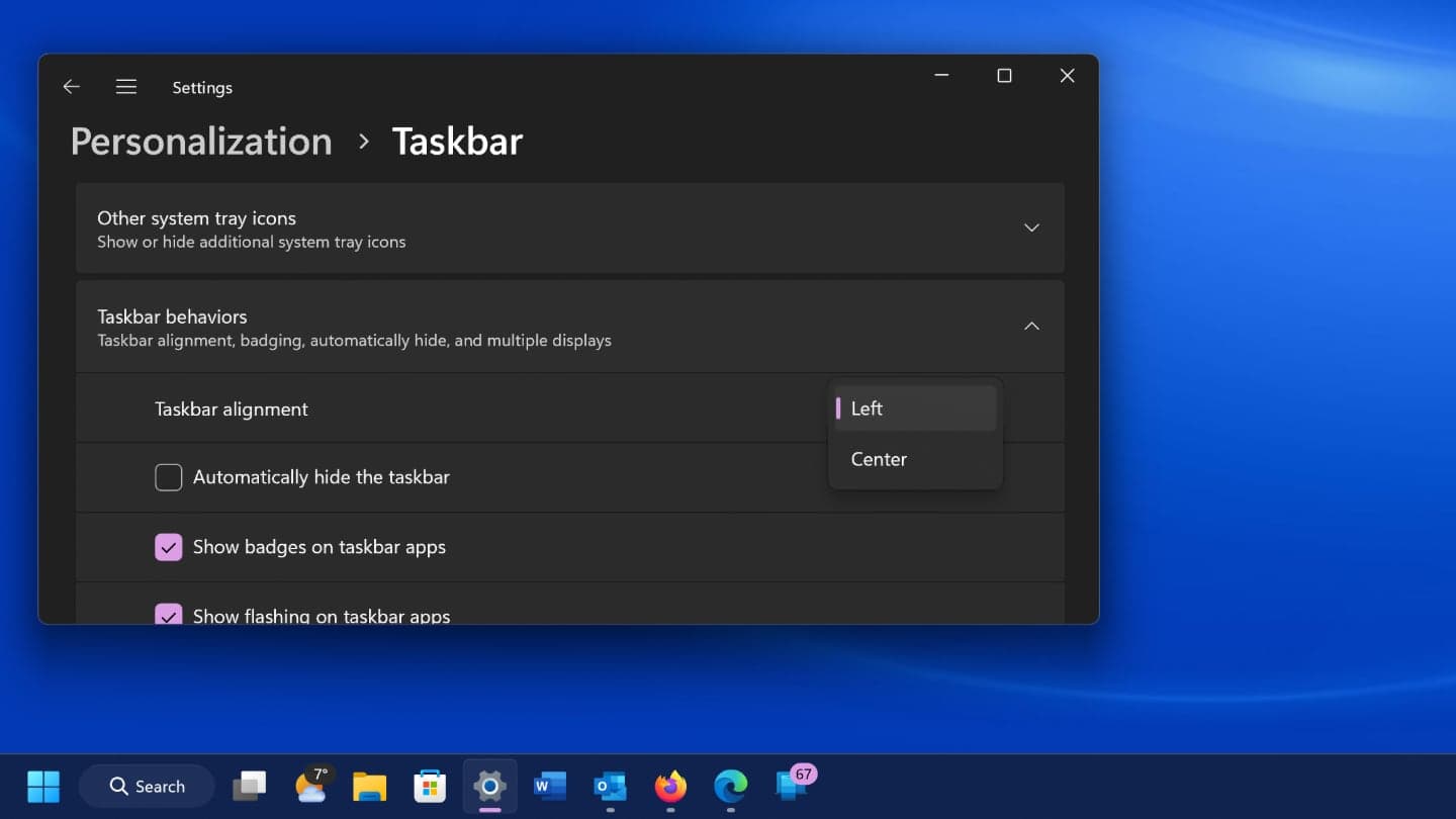 Zarovnání tlačítka Start vlevo | Zdroj: Microsoft