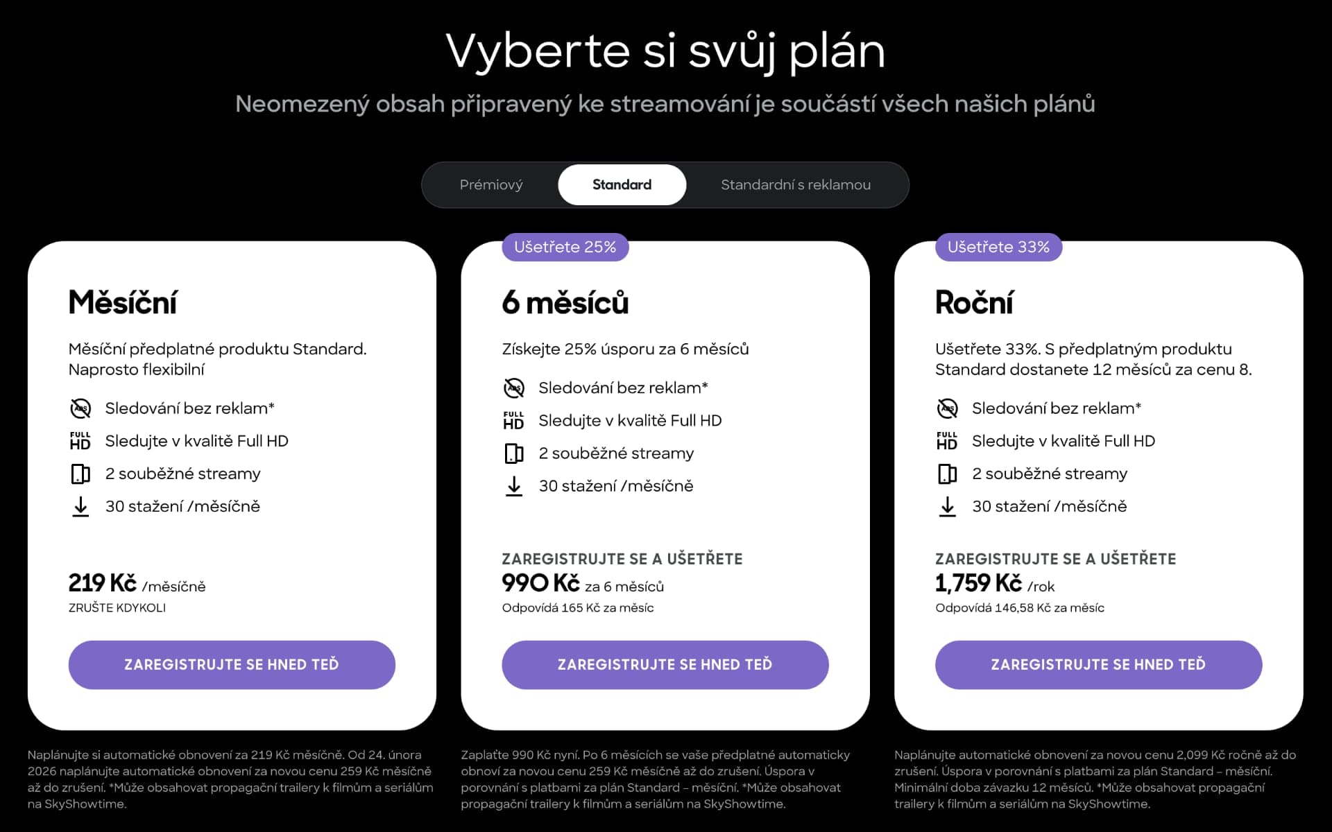 Předplatné SkyShowtime Standard bez reklamy v roce 2026 | Zdroj: SkyShowtime