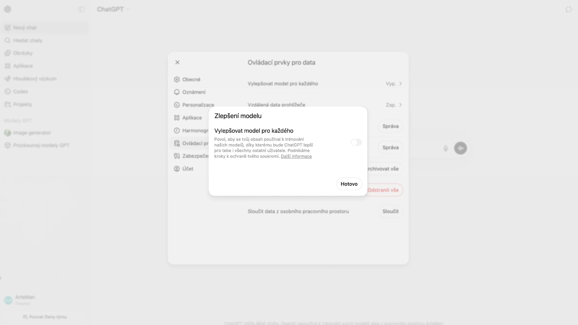 Odhlášení z tréninkových dat | Zdroj: Ondřej Koníček