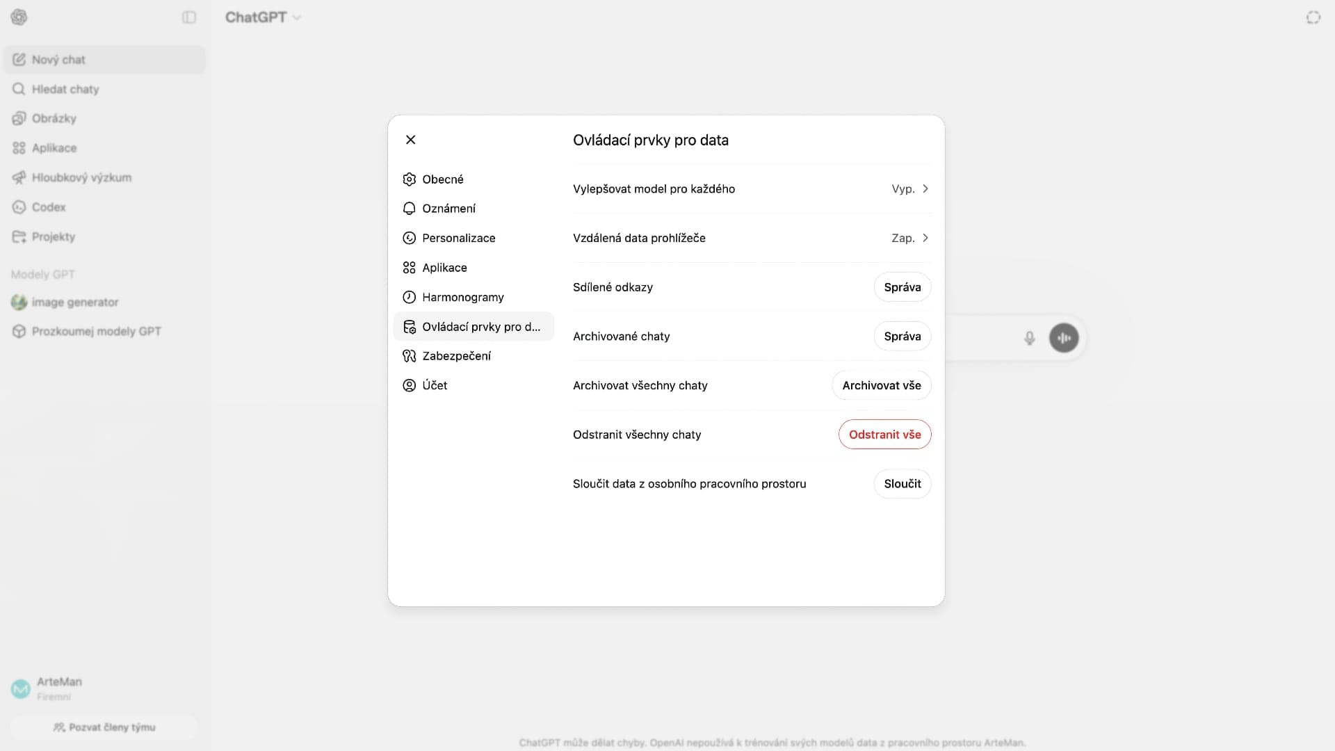 Smazání starých chatů z ChatGPT | Zdroj: Ondřej Koníček