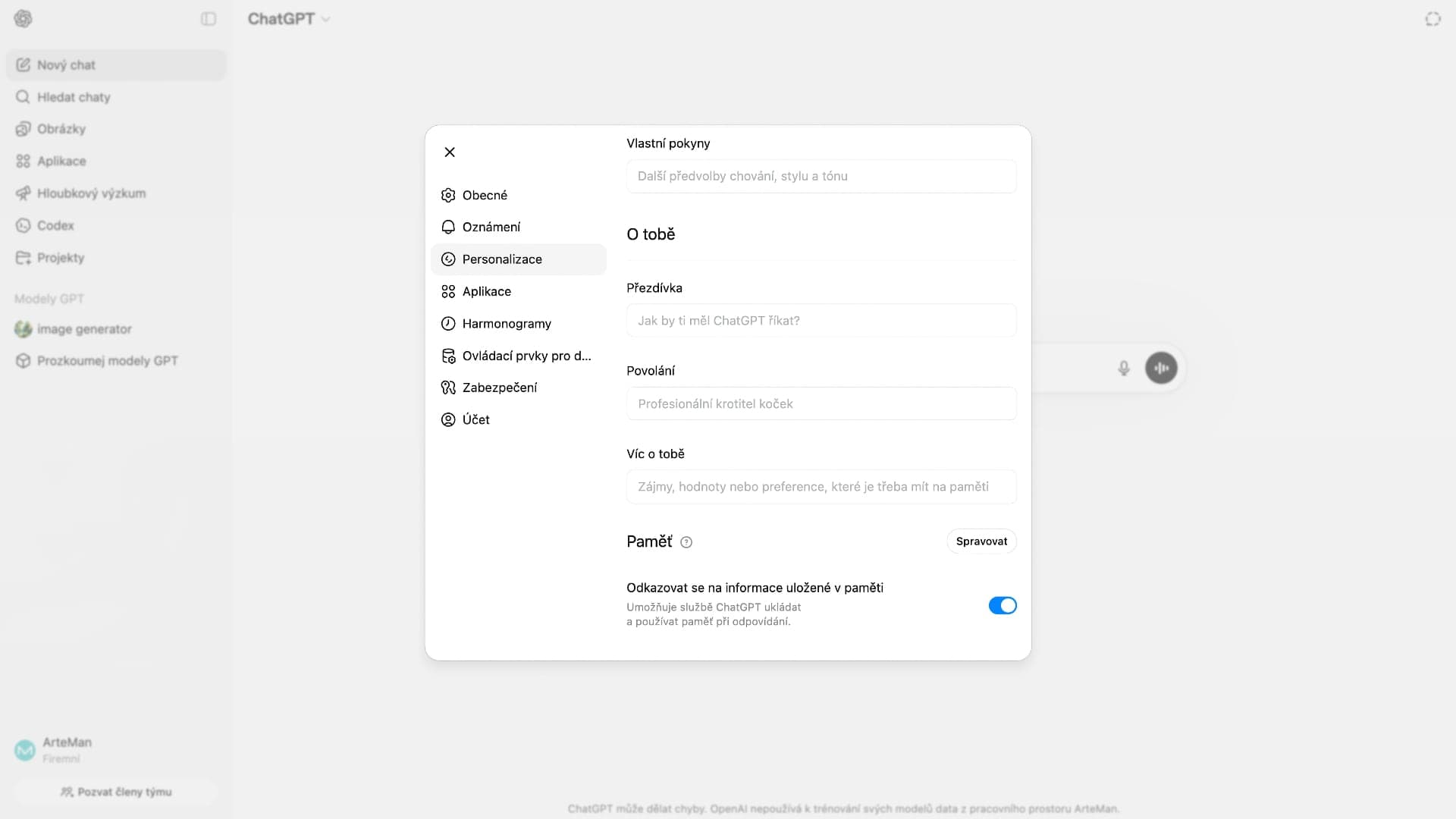 Správa vzpomínek v ChatGPT | Zdroj: Ondřej Koníček