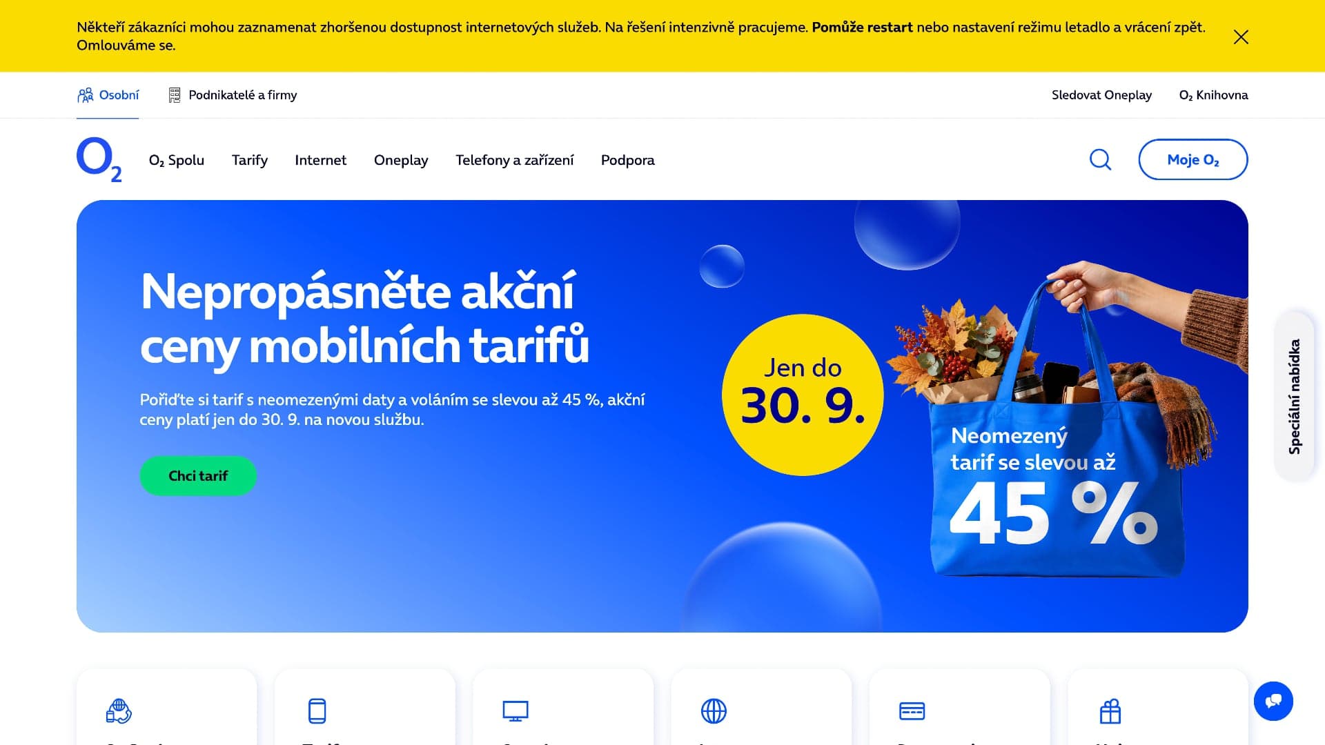 O2 informuje o výpadku na svém webu | Zdroj: O2