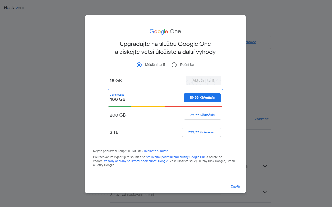 Ceny měsíčního předplatného Google Fotek