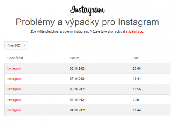 Instagram výpadek