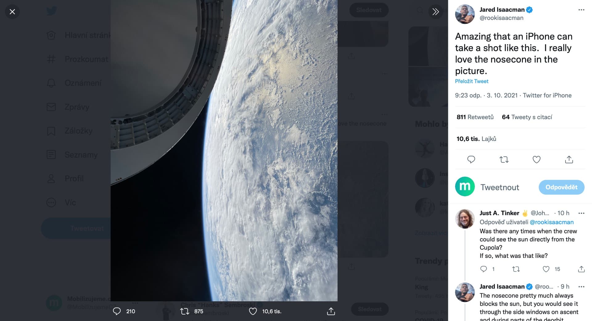 Snímek vesmíru z iPhonu, Twitter Jared Isaacman