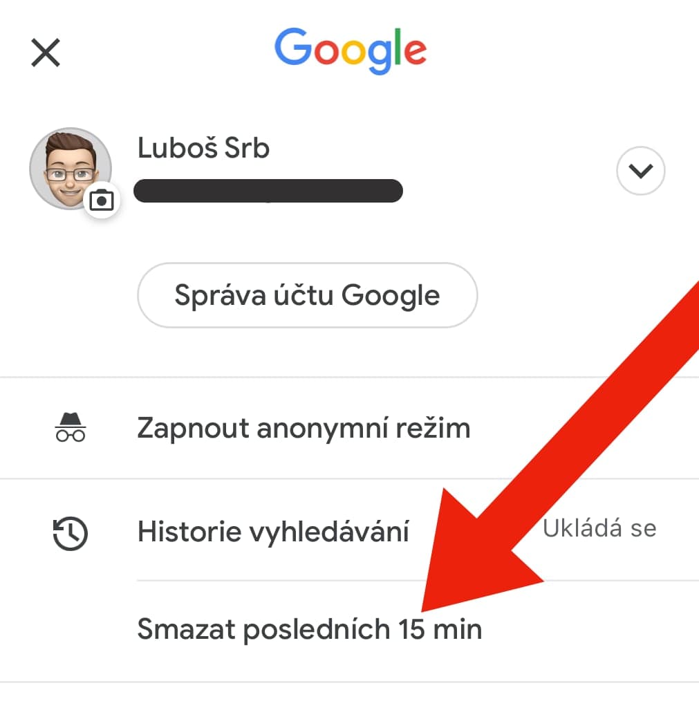 Smazání historie vyhledávání u Googlu za posledních 15 minut