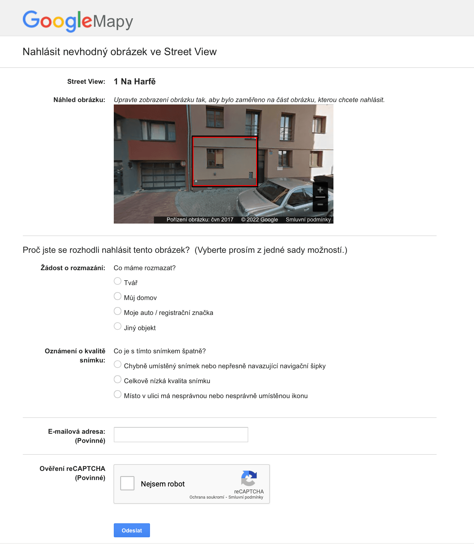 Google Street View nahlášení nevhodného obrázku