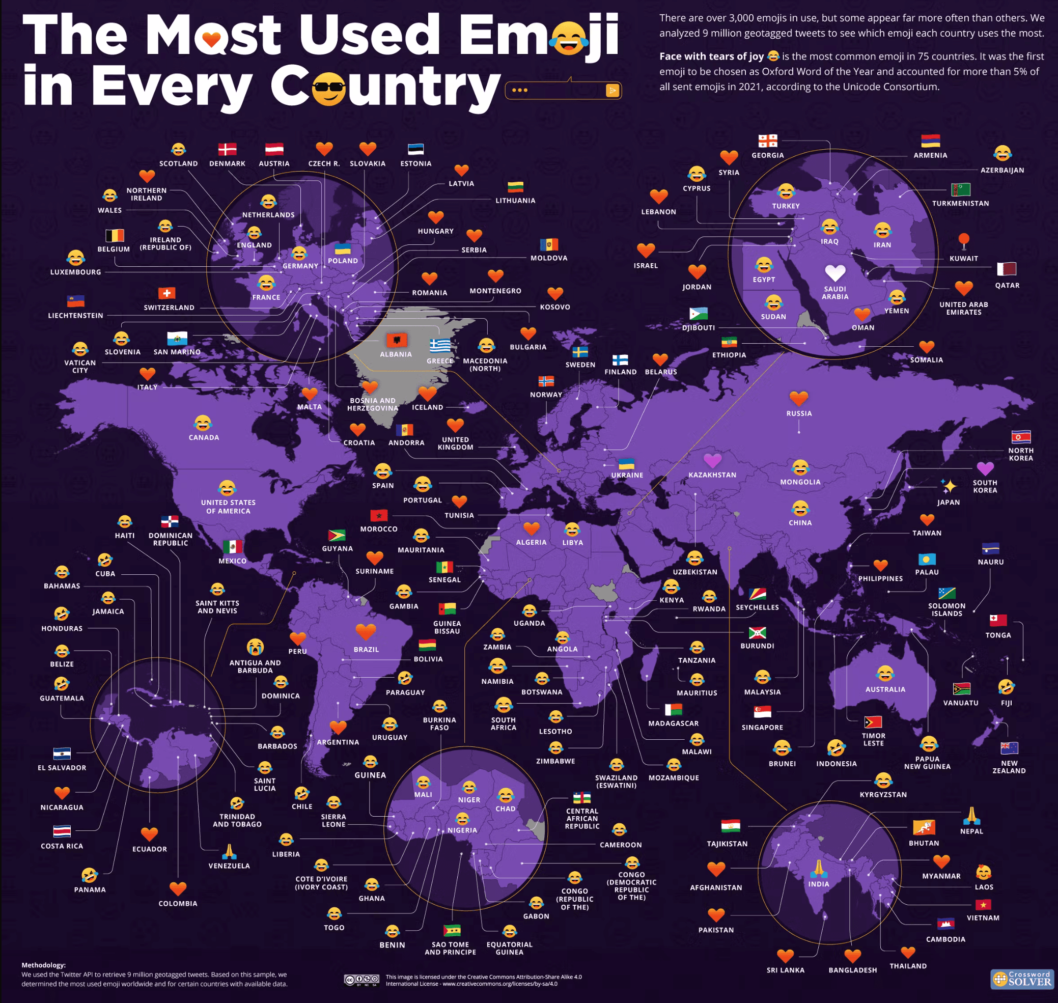 Mapa nejpoužívanějších emotikon na světě