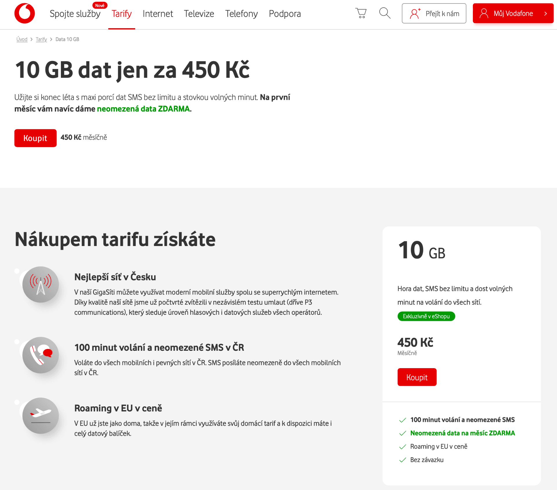 Vodafone a nový tarif 10 GB dat za 450 korun