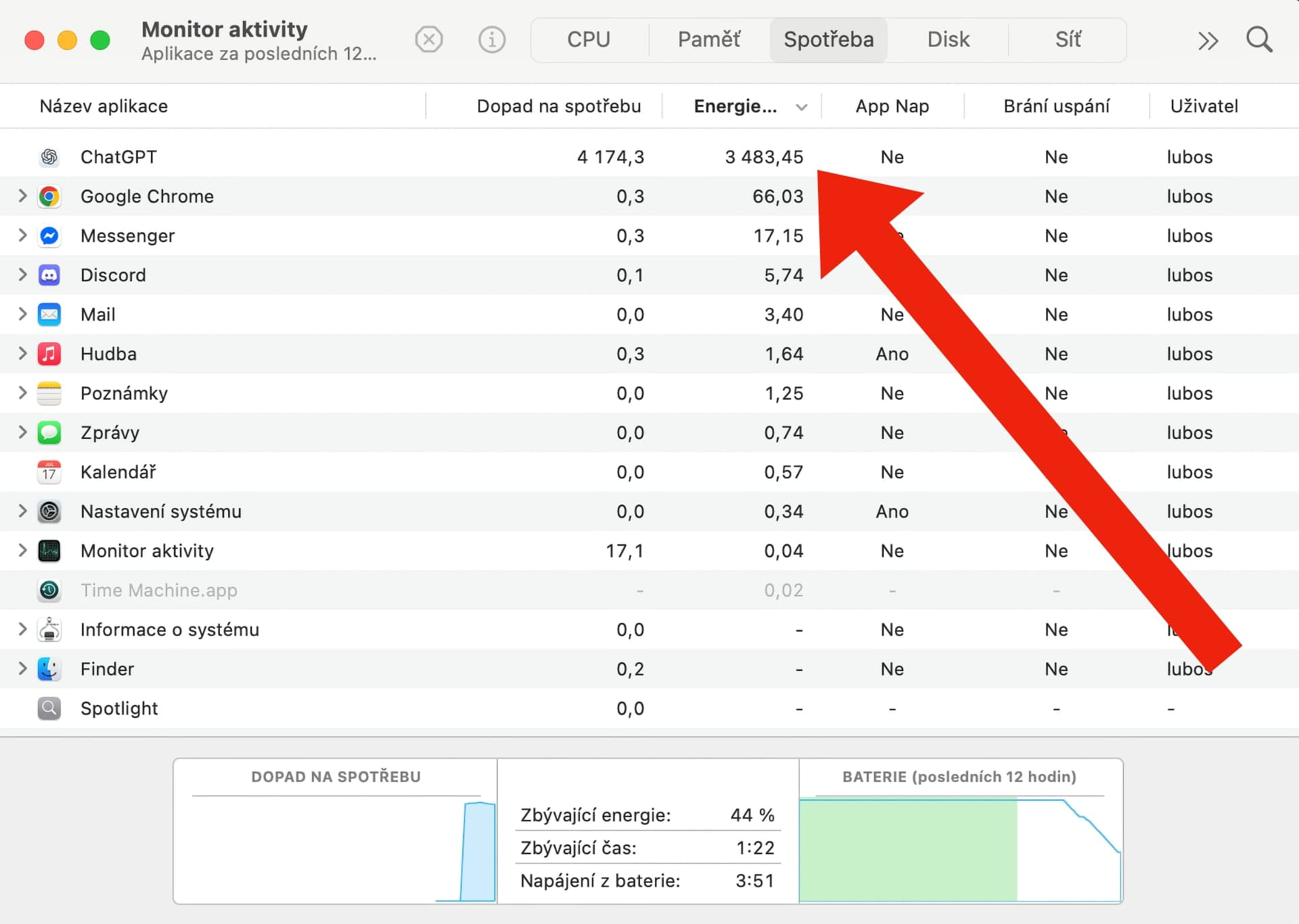 Spotřeba energie u aplikace ChatGPT na macOS | foto: Luboš Srb