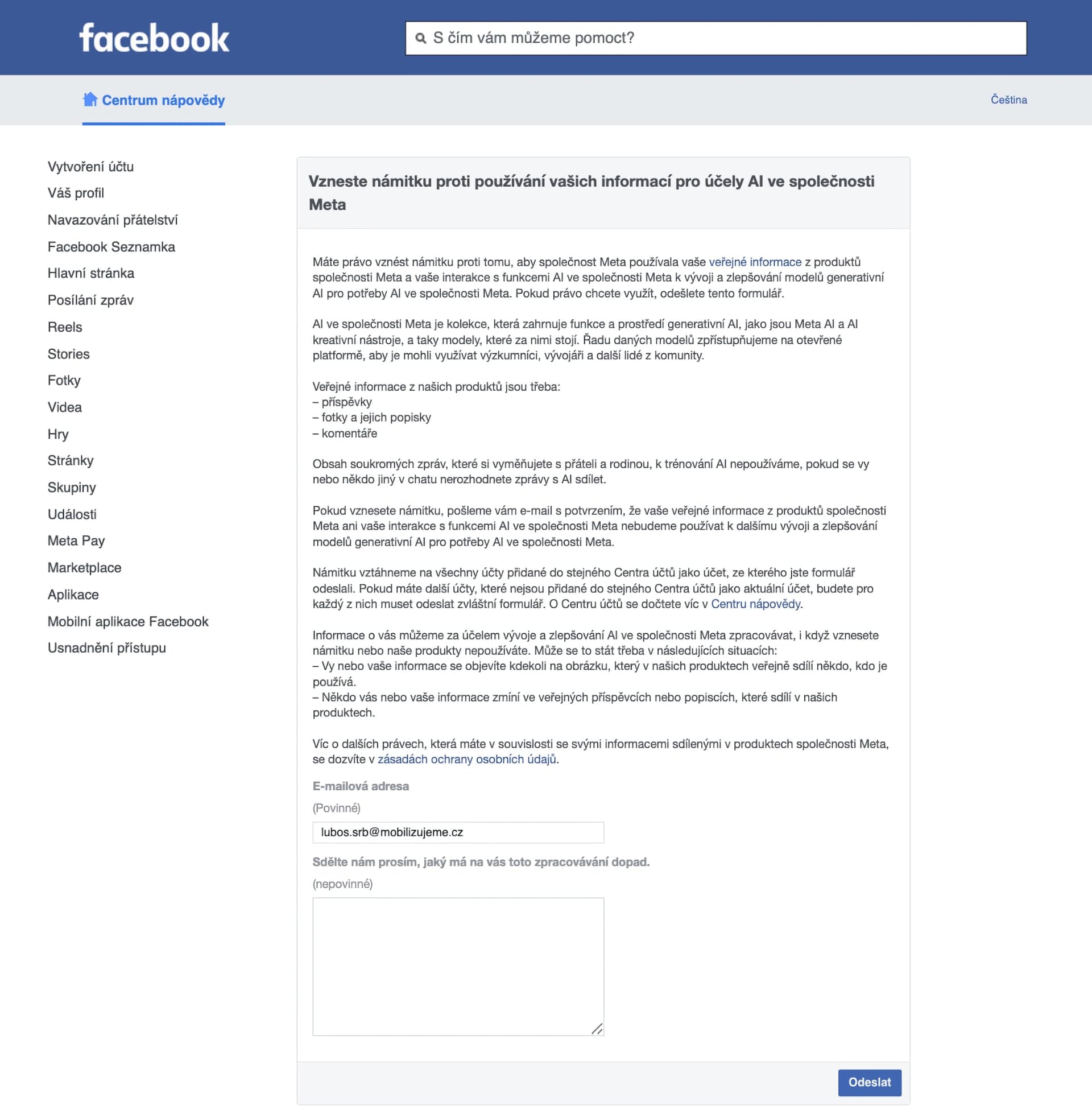 Facebook zamezení využívání osobních dat pro trénování AI | foto: Richard Šimáček