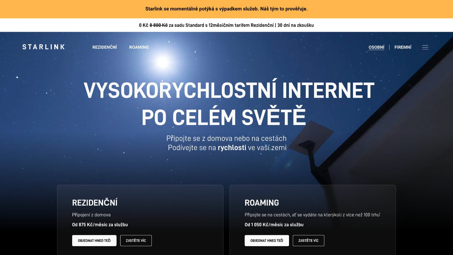 Webové stránky Starlink informující o výpadku služby | foto: Luboš Srb