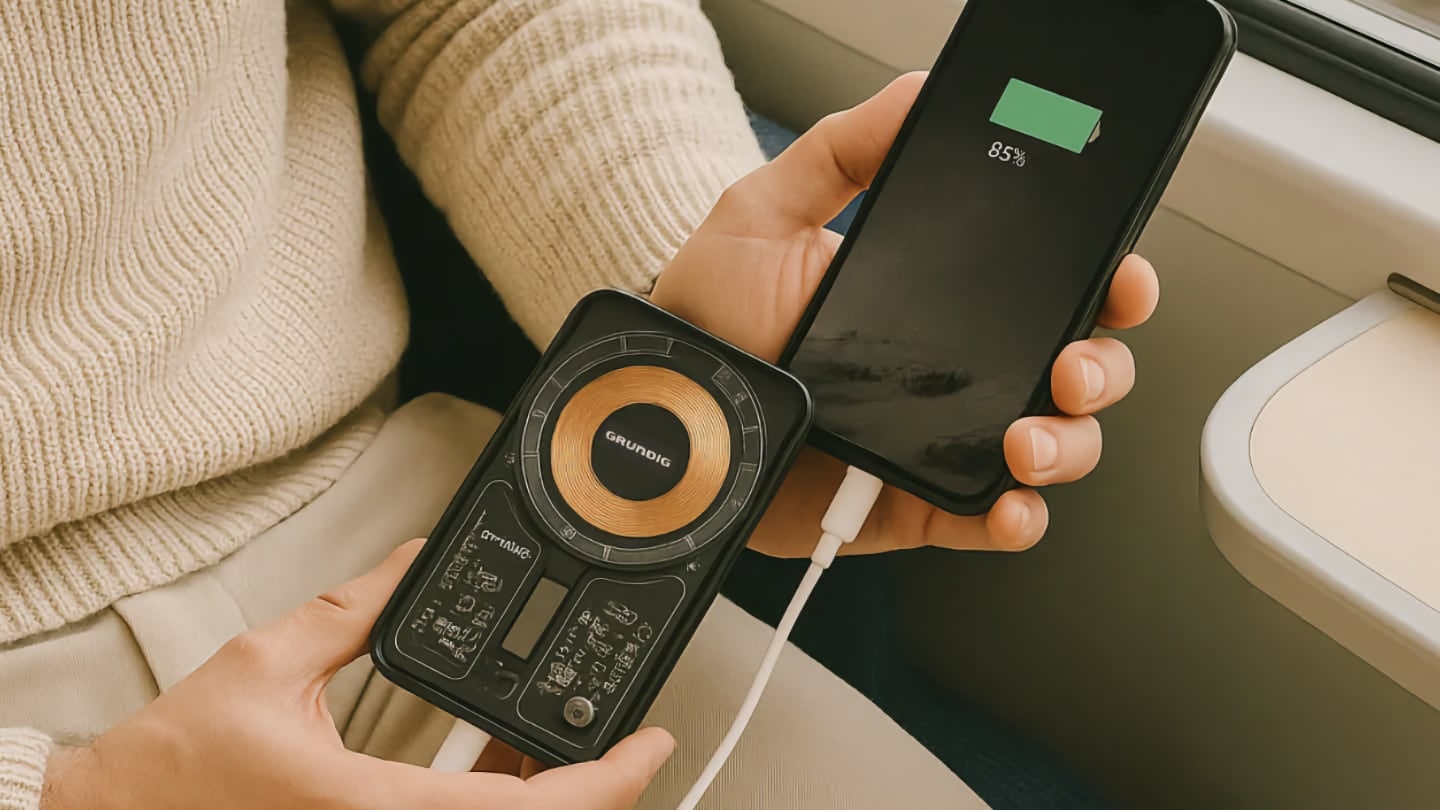 Bezdrátová powerbanka Grundig zaujme podporou MagSafe a průhledným tělem | Zdroj: Lidl