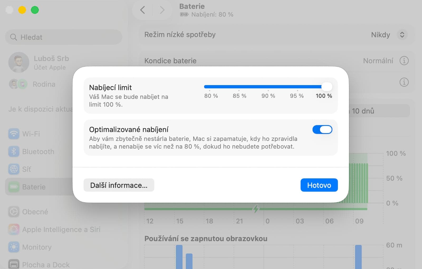 Běžné nastavení baterie a nabíjení u MacBooků | Zdroj: Luboš Srb