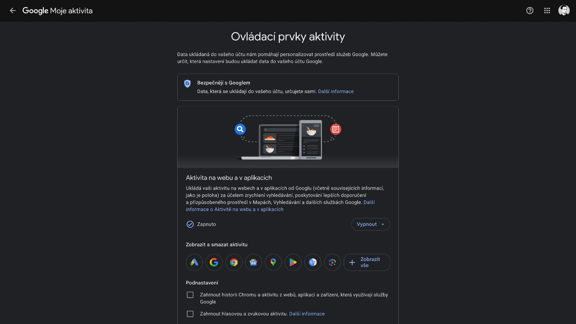 Nastavení dat v Google Moje Aktivita | Zdroj: Ondřej Koníček