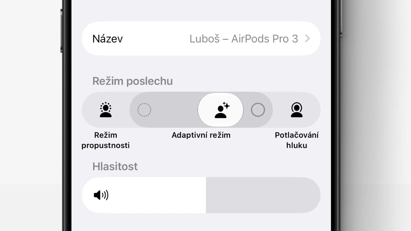 iOS 27, nový adaptivní režim s posuvníkem u AirPods | Zdroj: Luboš Srb