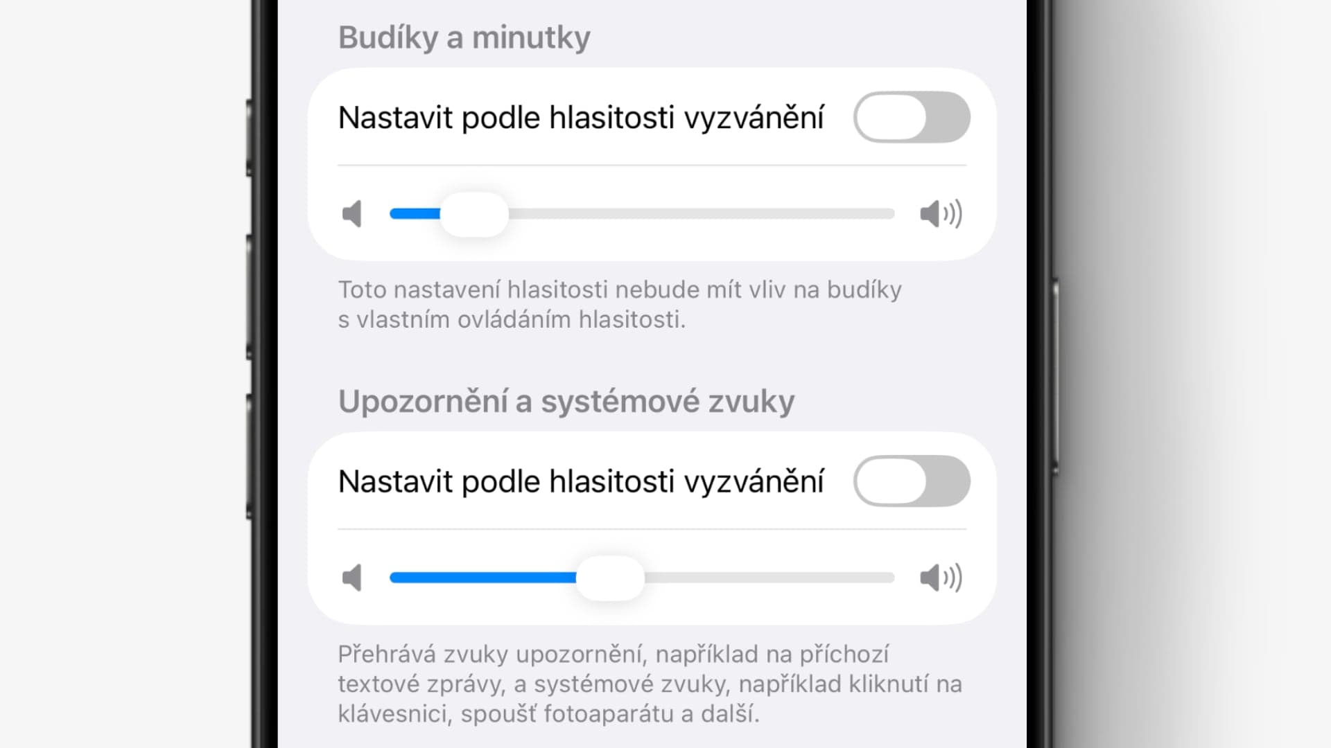 iOS 27, oddělené nastavení zvuku pro budíky a minutky | Zdroj: Luboš Srb
