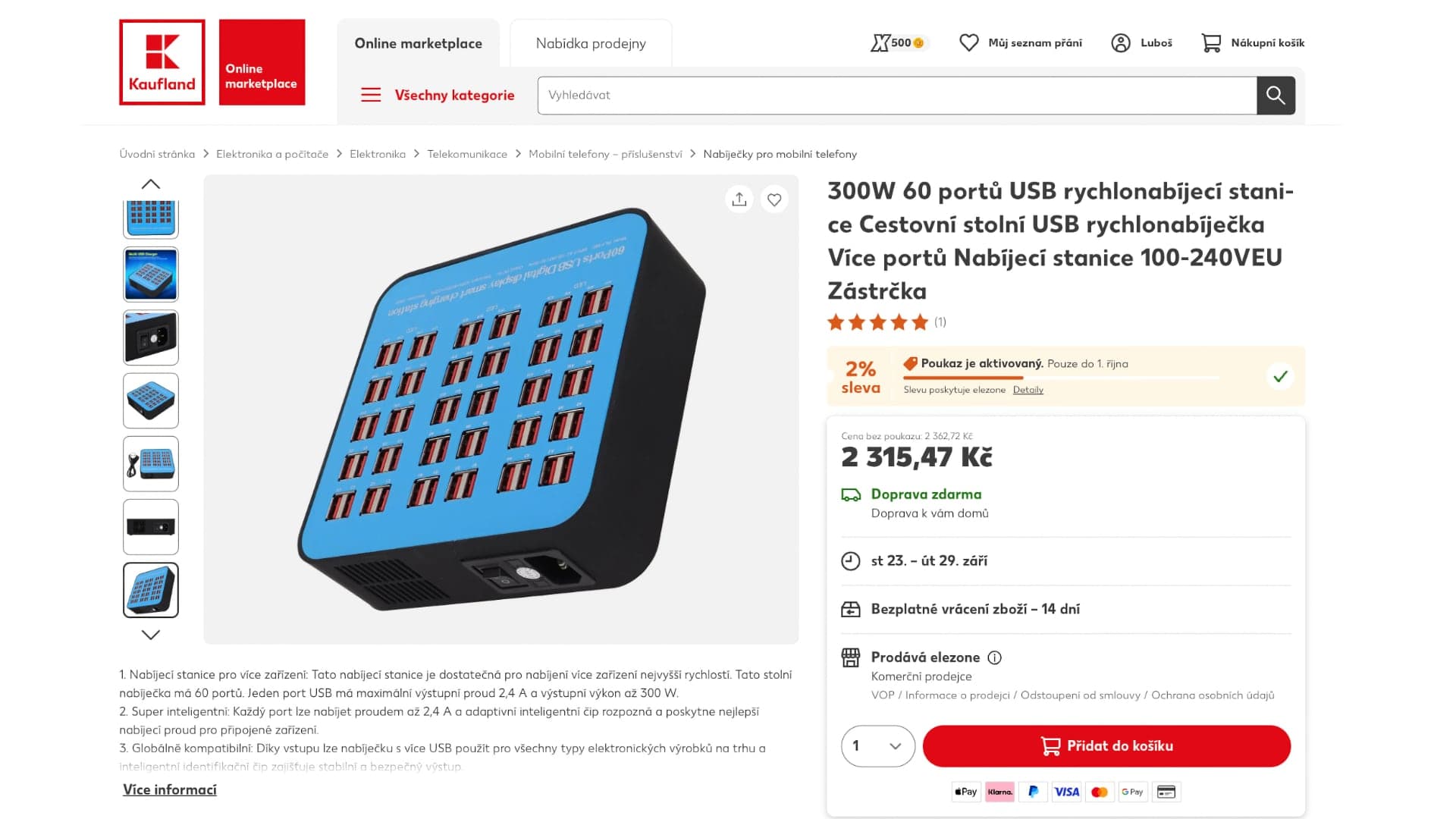 Rychlonabíjecí stanice se 60 porty USB a výkonem 300 W | Zdroj: Kaufland