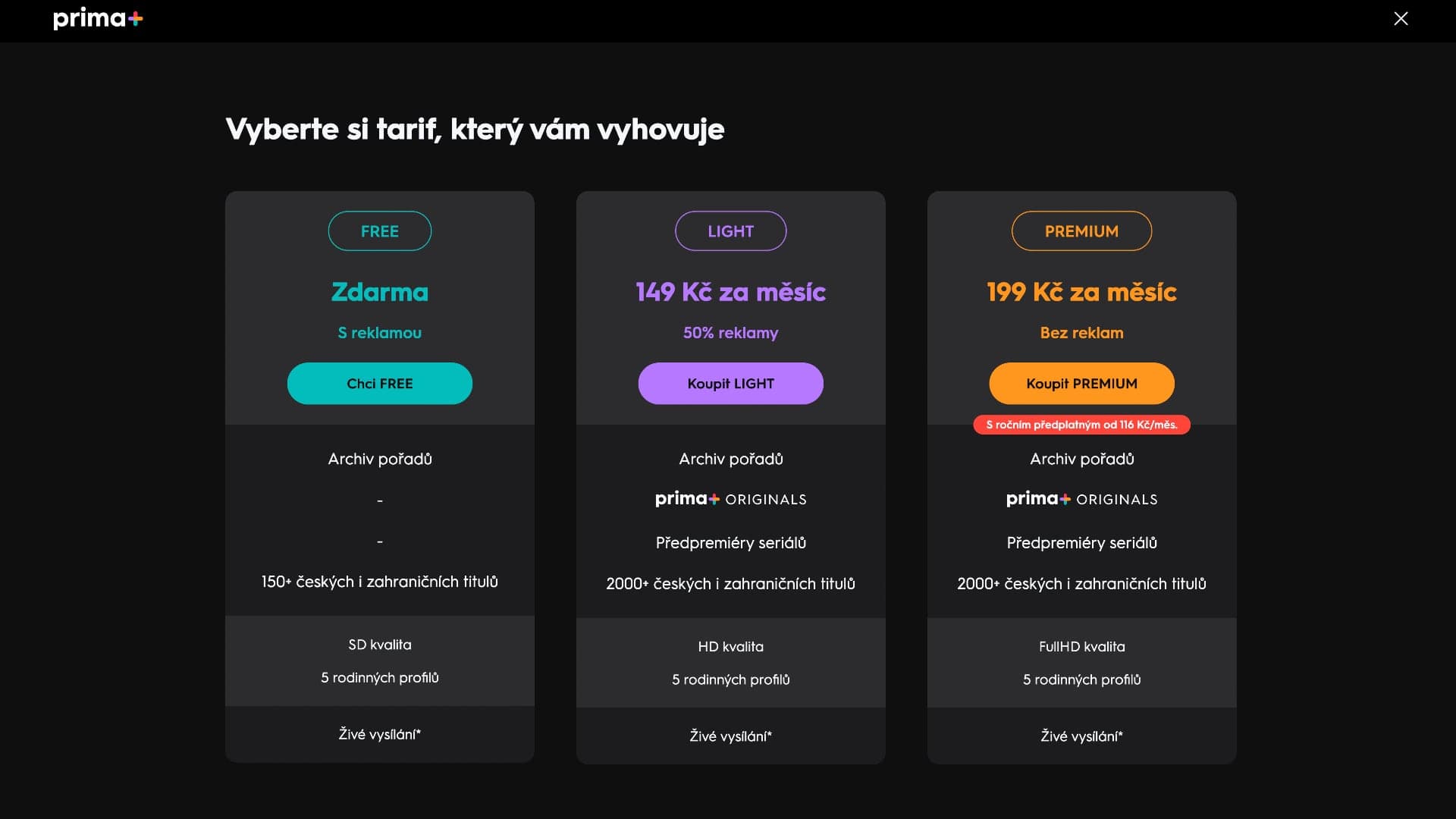 Výběr tarifů v rámci služby Prima+ | Zdroj: Tomáš Rajnoch