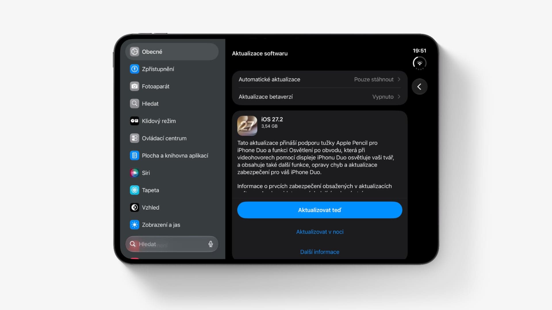iOS 27.2 na redakčním iPhonu Duo. Aktualizace měla velikost 3,54 GB | Zdroj: Luboš Srb